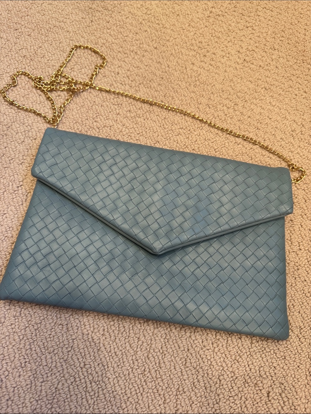Woven Envelope Clutch in Dusty Blue with Gold Chain